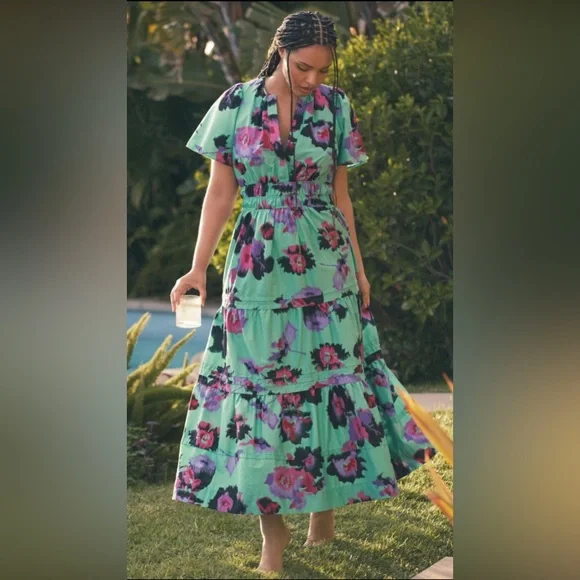 Anthropologie The Somerset Maxi Dress Teal & Purple Watercolor Floral Size M - Picture 2 of 7